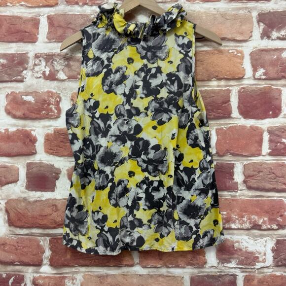 Kenar Top Women's Medium Yellow Multicolor Silk Floral Abstract Ruffle Shirt - Picture 3 of 8